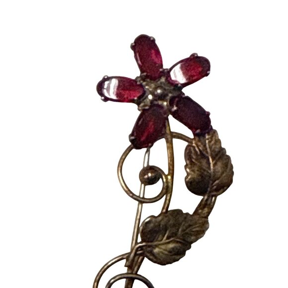 Vintage I Michelson Gold Filled Red Glass Flower Brooch Pin - Picture 2 of 6